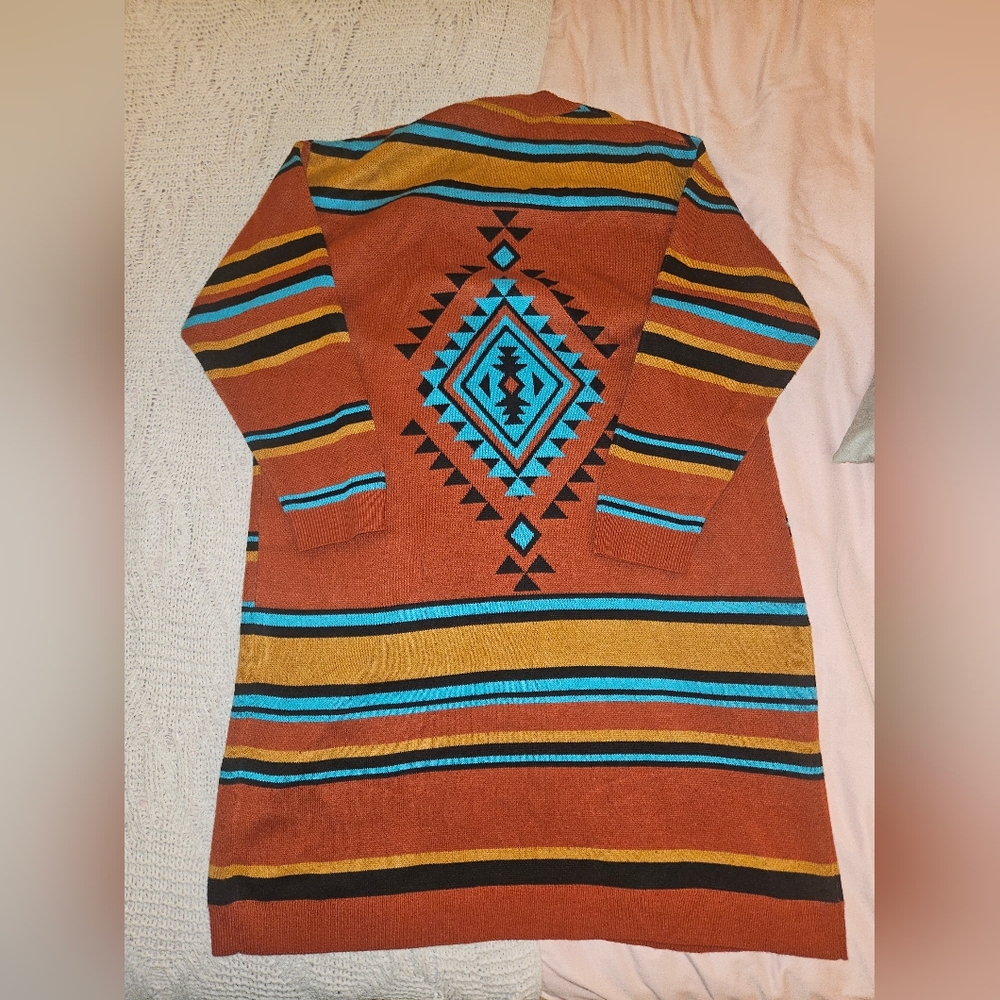 Wrangler Retro Cardigan in Rust with Turquoise and Mustard Accents - Picture 1 of 5